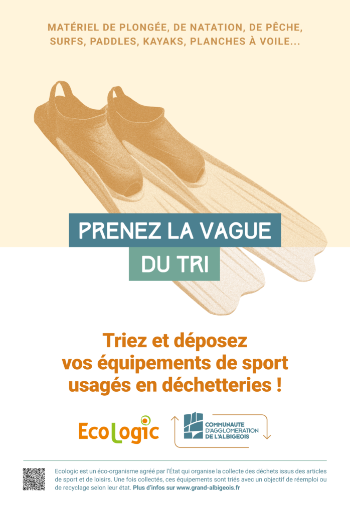 Prenez la vague du tri - Matériel de plongée, de natation, de pêche, surfs, paddles, kayacs, planches à voile... Triez et déposez vos équipements de sport usagés en déchetterie !