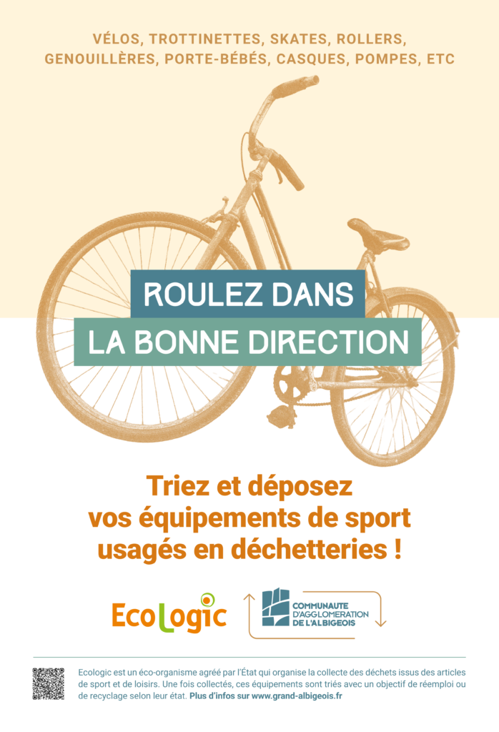 Roulez dans la bonne direction - Vélos, trottinettes, skates, rollers, genouillères, porte-bébés, casques, pompes... Triez et déposez vos équipements de sport usagés en déchetterie !