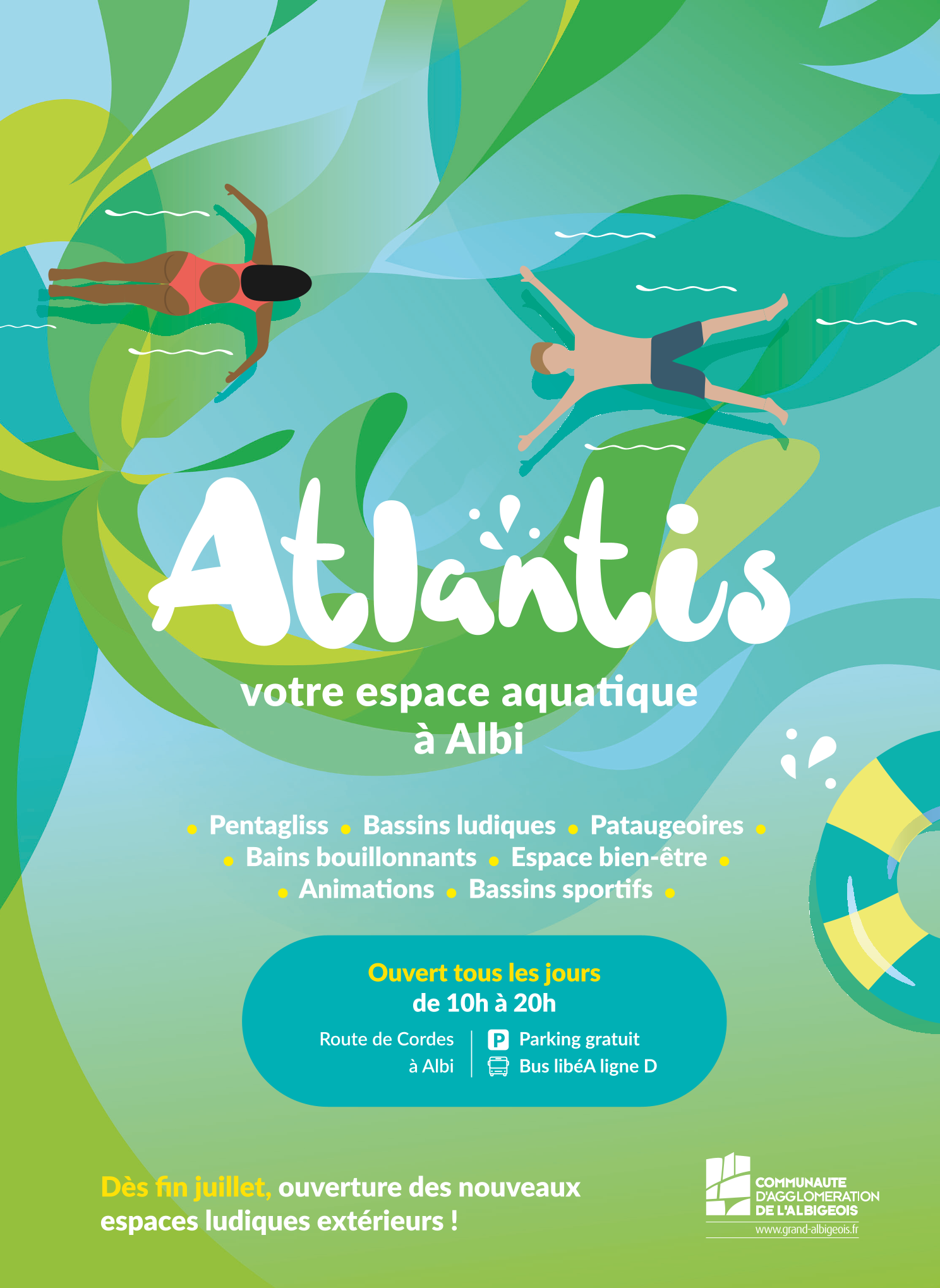 Atlantis, votre espace aquatique route de Cordes à Albi - Pentagliss, bassins ludiques, pataugeoires, bains bouillonnants, espace bien-être, animations, bassins sportifs - Ouvert tous les jours de 10h à 20h - Parking gratuit - Accès par la ligne D des bus libéA